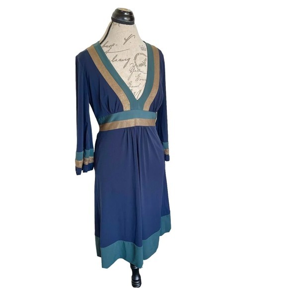 Laundry By Design Dress Size Small V Neckline Gold Green Trim Empire Striped - Picture 2 of 12